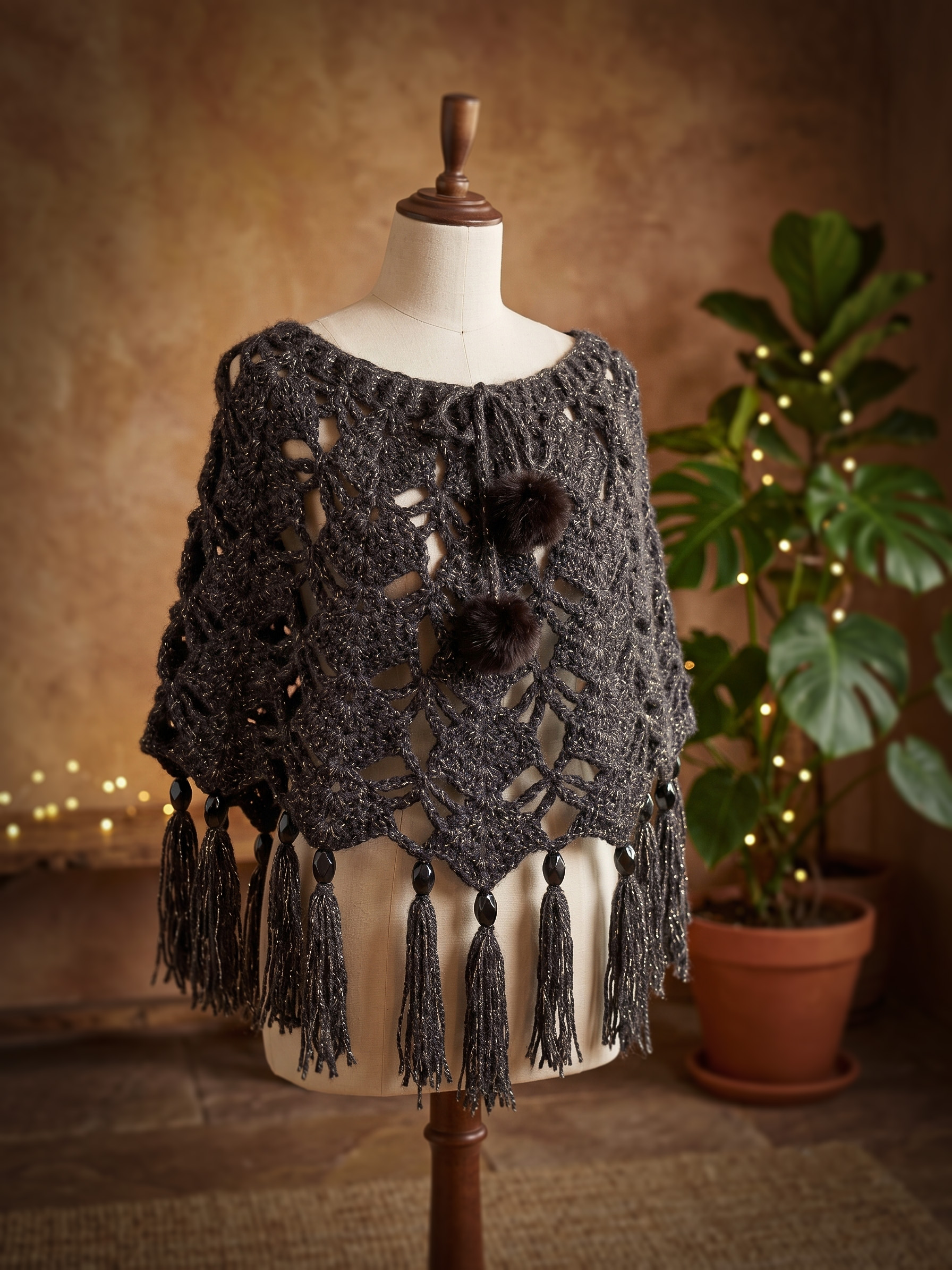 Corneeltje Wol - Korte poncho met franjes - Sfeerfoto Haakpakket - Korte poncho met franjes