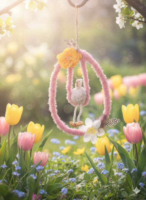 Corneeltje Wol - Ei-ring met kip op schommel LIMITED EDITION: Haakpakket - Ei met kipje op schommel (roze)