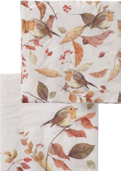 Servet Roodborstjes met herfstbladeren - 33x33 cm
