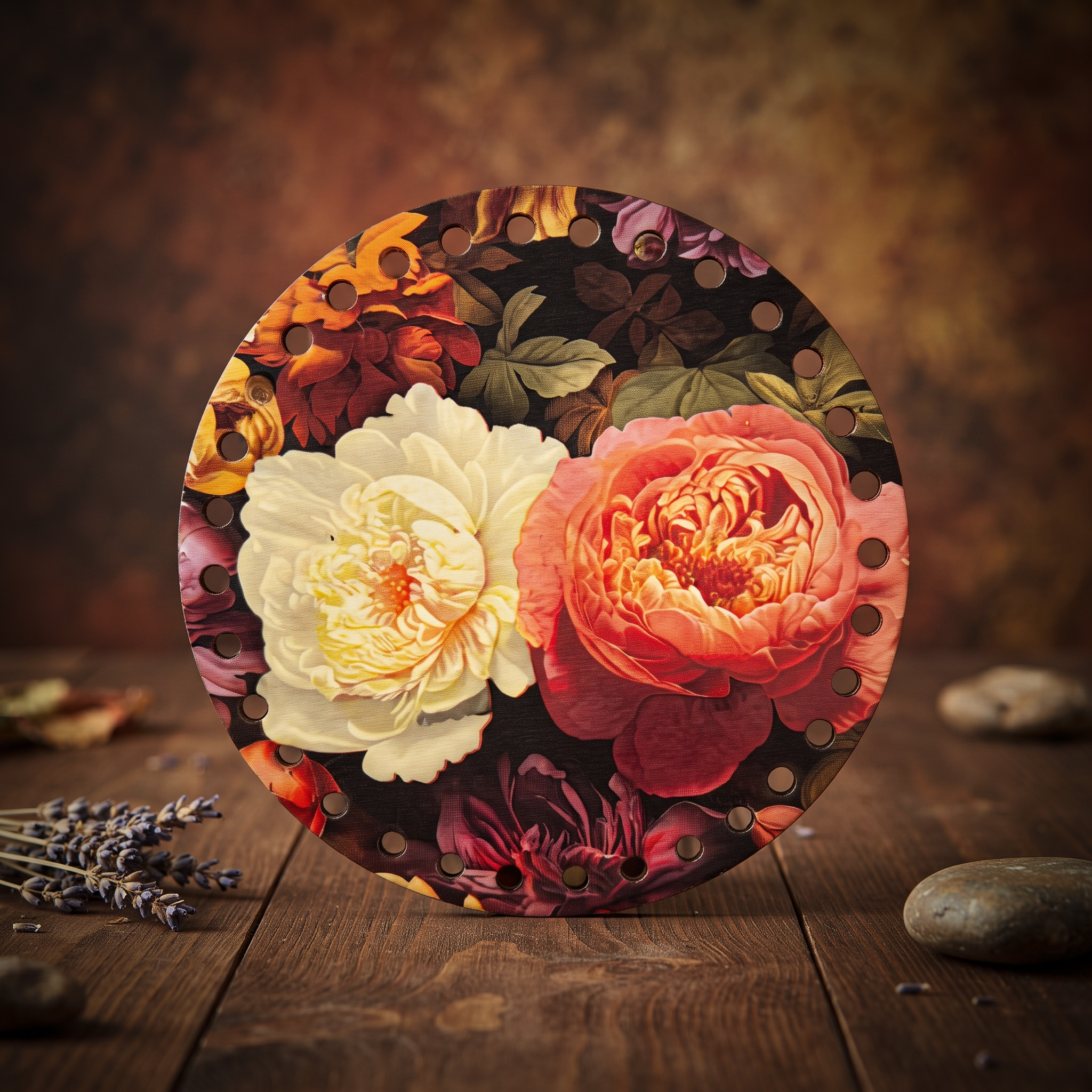 Corneeltje Wol - Houten paneel Bloemen collage rond Bedrukte Houten Paneel met boorgaten - Bloemen Collage| Rond | 15 cm doorsnede