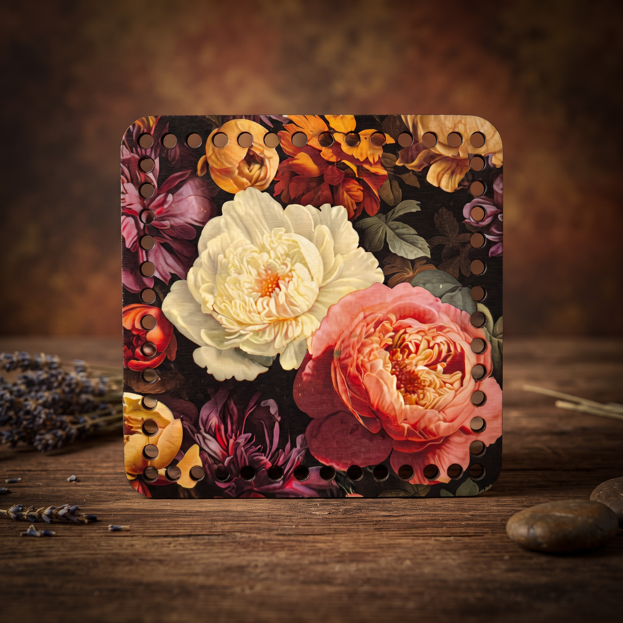 Bedrukte Houten Paneel met boorgaten - Bloemen collage | Vierkant | 15x15 cm