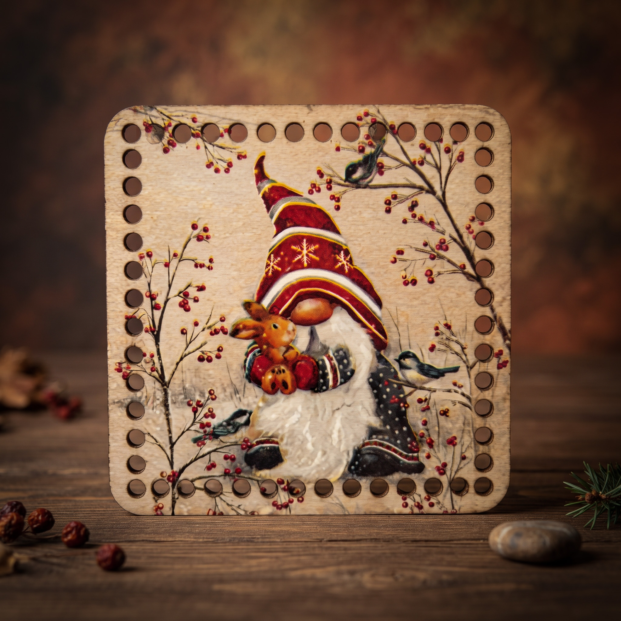 Bedrukte Houten Paneel met boorgaten - Gnome | Vierkant | 15x15 cm