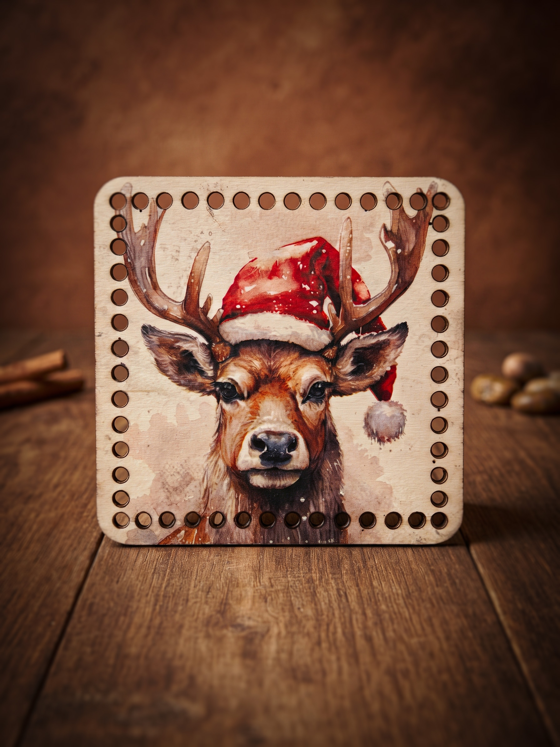 Bedrukte Houten Paneel met boorgaten - Santa Deer | Vierkant | 15x15 cm