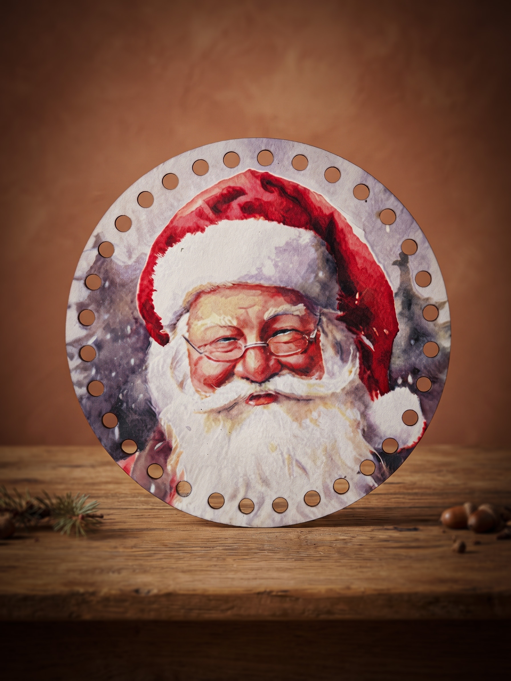 Bedrukte Houten Paneel met boorgaten - Happy Santa | Rond | 15 cm doorsnede