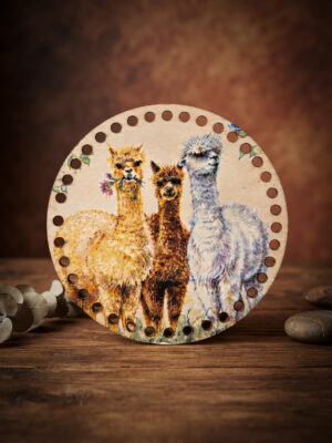 Bedrukte Houten Paneel met boorgaten - Alpaca's | Rond | 15 cm doorsnede