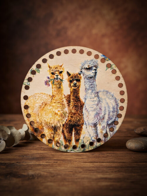 Bedrukte Houten Paneel met boorgaten - Alpaca's | Rond | 15 cm doorsnede