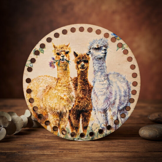Bedrukte Houten Paneel met boorgaten - Alpaca's | Rond | 15 cm doorsnede