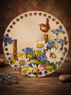 Bedrukte Houten Paneel met boorgaten - Veldbloemen & Vogel | Rond | 15 cm doorsnede
