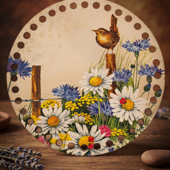 Bedrukte Houten Paneel met boorgaten - Veldbloemen & Vogel | Rond | 15 cm doorsnede