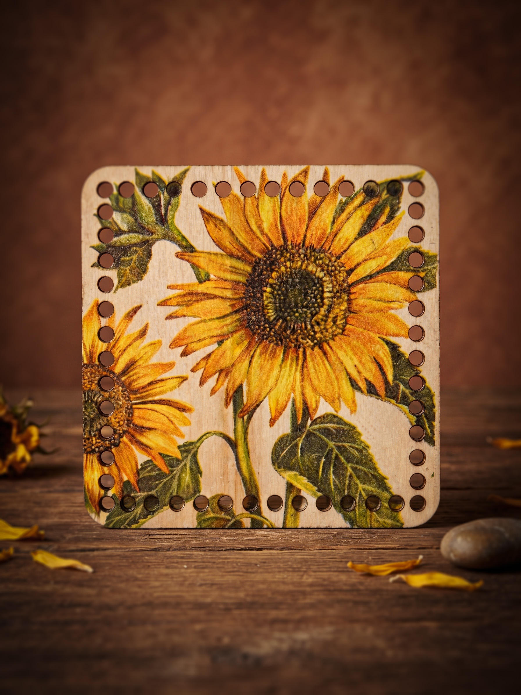Bedrukte Houten Paneel met boorgaten - Zonnebloemen | Vierkant | 15x15 cm