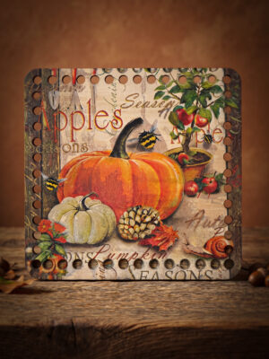 Bedrukte Houten Paneel met boorgaten - Herfst pompoen | Vierkant | 15x15 cm