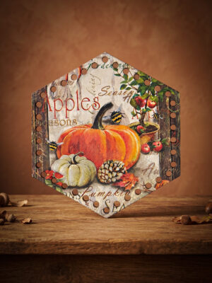 Bedrukte Houten Paneel met boorgaten - Herfst pompoen | Hexagram | 17 cm