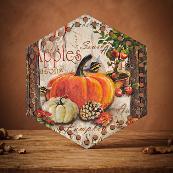 Corneeltje Wol - Houten paneel hexagon herfst pompoen - sfeer foto Bedrukte Houten Paneel met boorgaten - Herfst pompoen | Hexagram | 17 cm