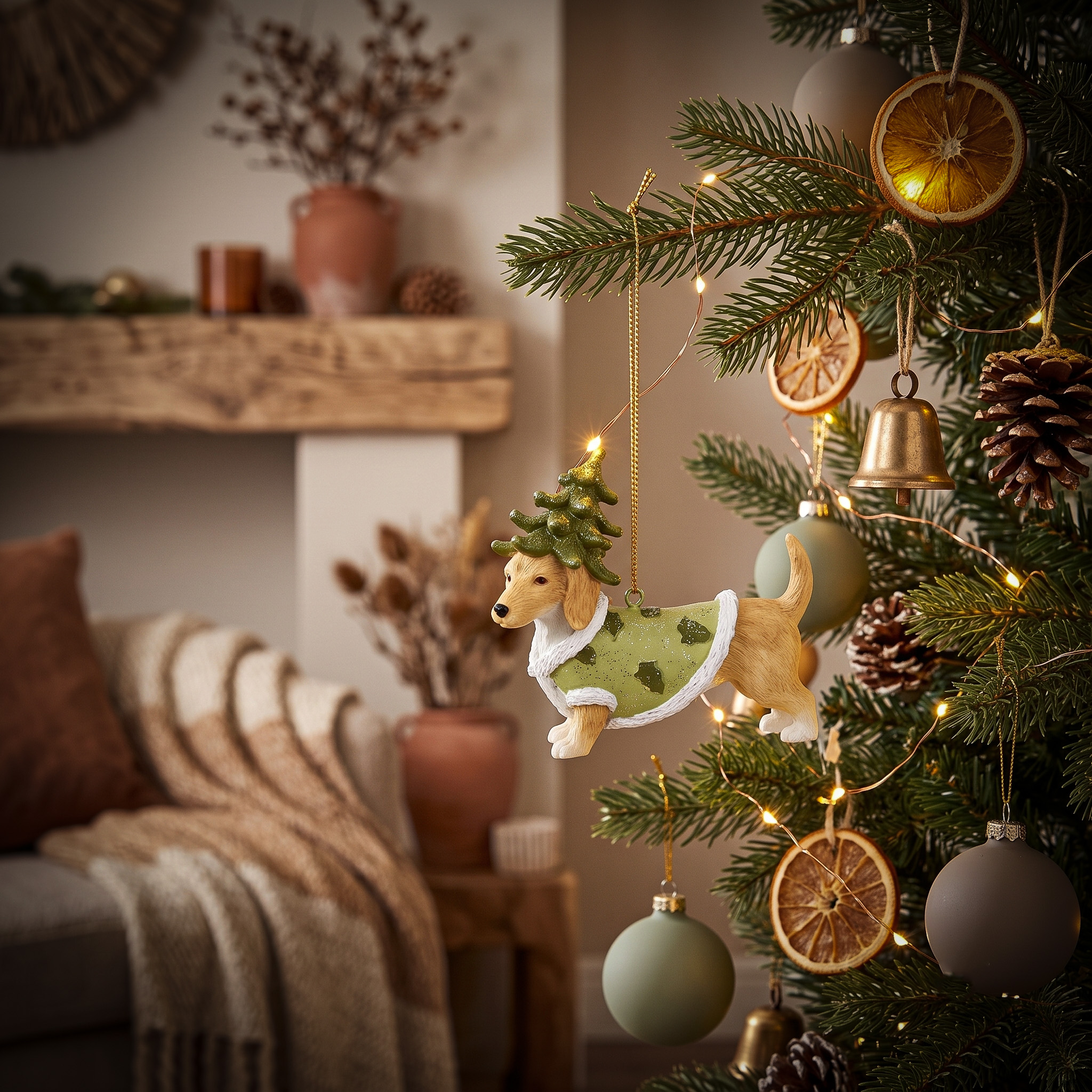 Corneeltje Wol - Kerst Teckel ornament Kerstornament Teckel met Kerstboomhoed - Lifestyle Product - 3x10x6 cm - Ties de Teckel