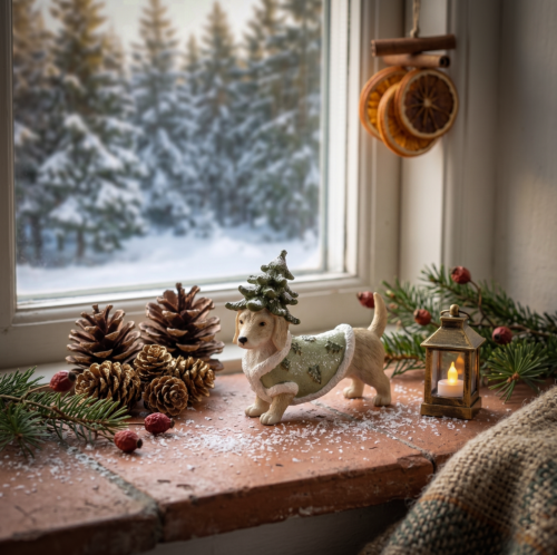 Corneeltje Wol - Kerstboomhanger teckel - Sfeerfoto 2 Kerstornament Teckel met Kerstboomhoed - Lifestyle Product - 3x10x6 cm - Ties de Teckel