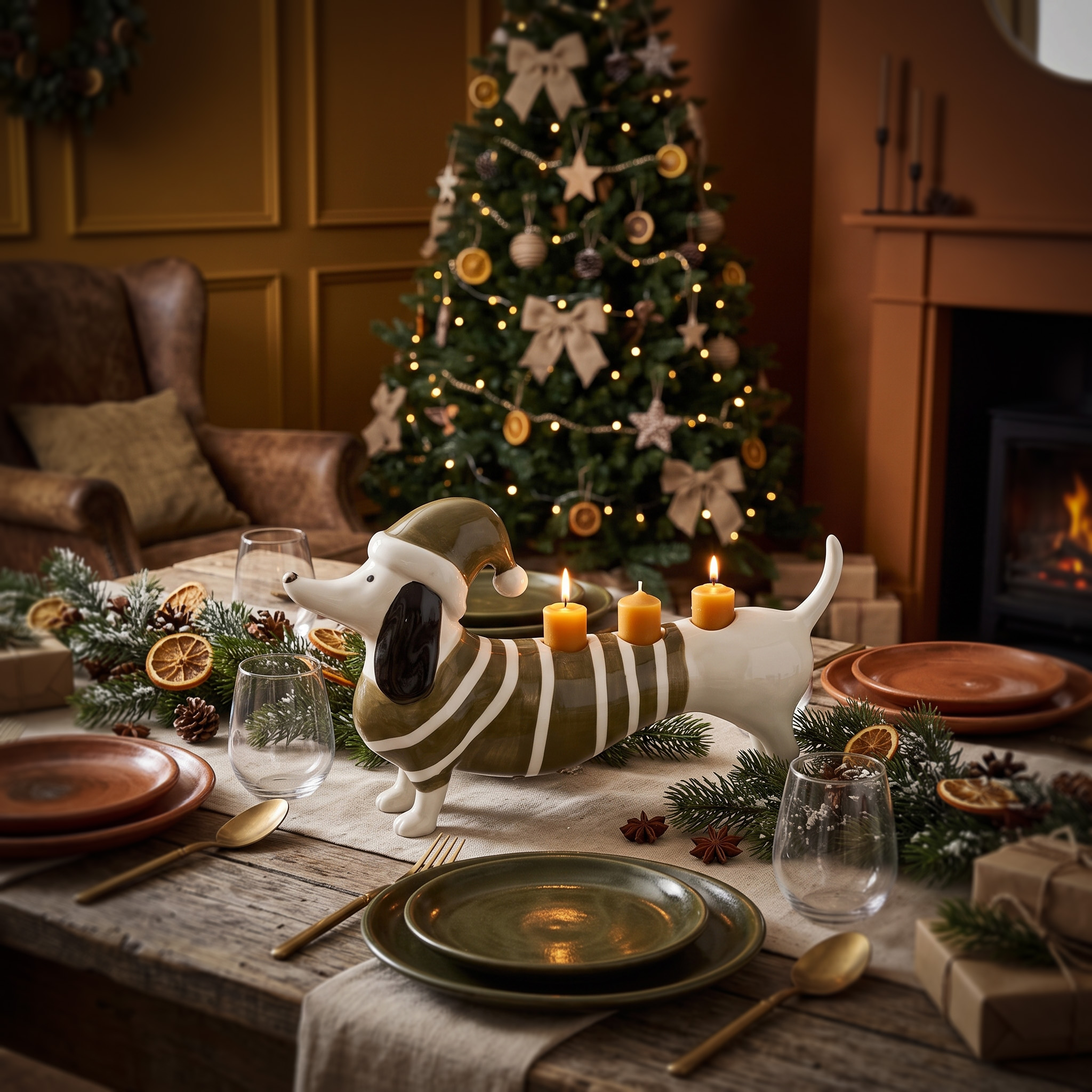 Kerstteckel met kerstmuts Kaarsenstandaard - Ties de Teckel - Lifestyle product