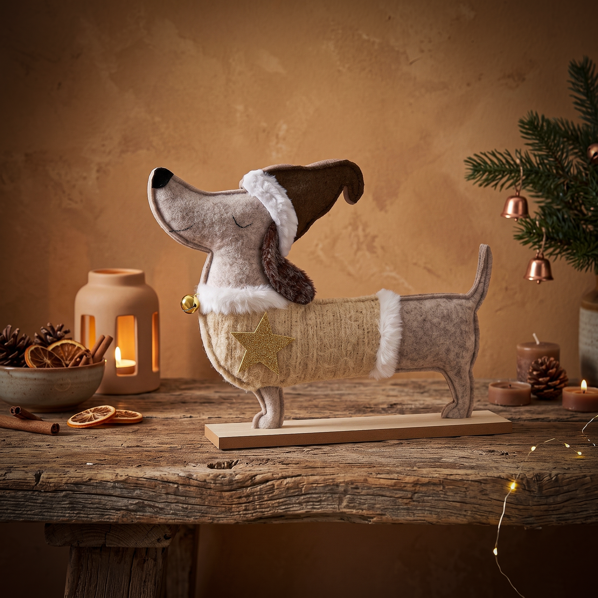 Eigenwijze (vilten) Kerstteckel op houten voet - Ties de Teckel - Lifestyle Product