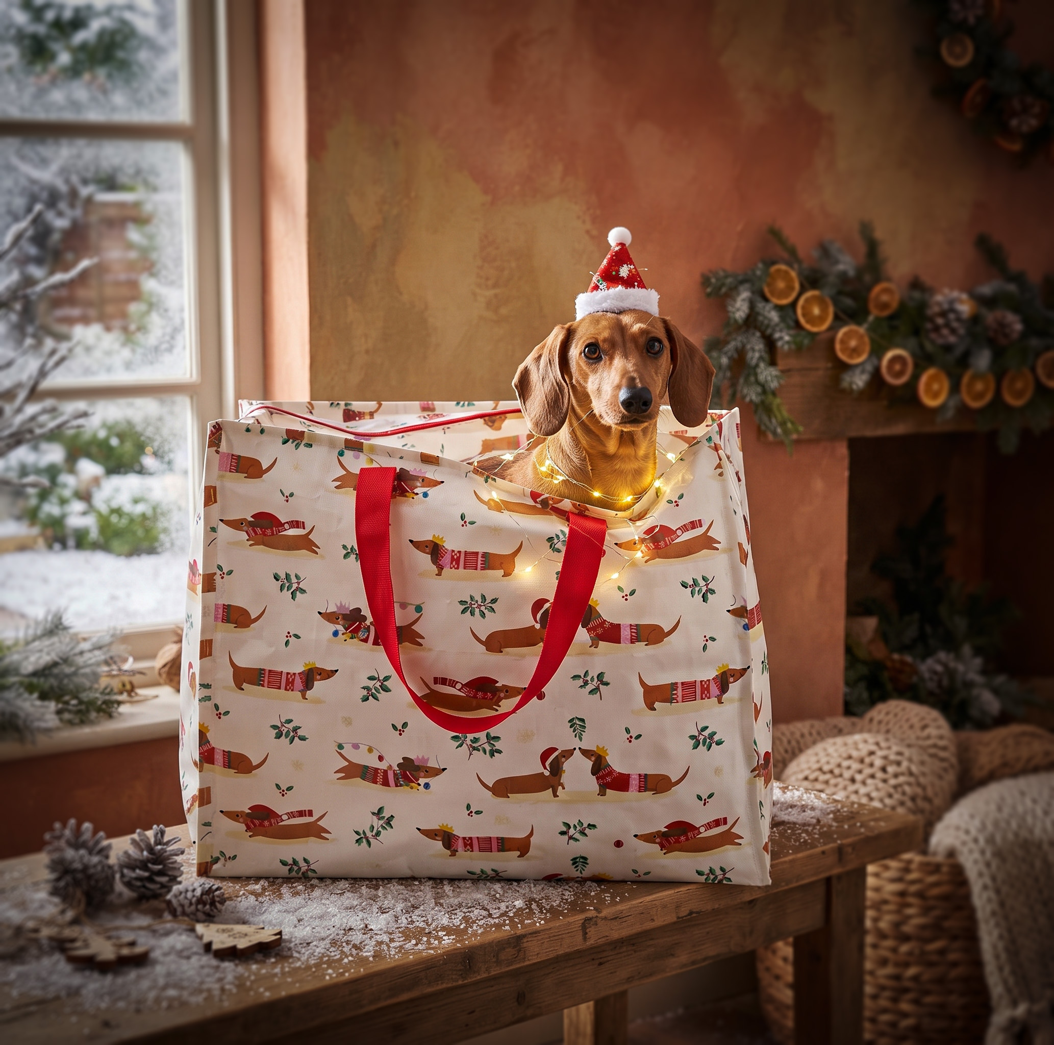 Boodschappen tas met rits (Winter Teckel design) - Ties de Teckel Lifestyle product